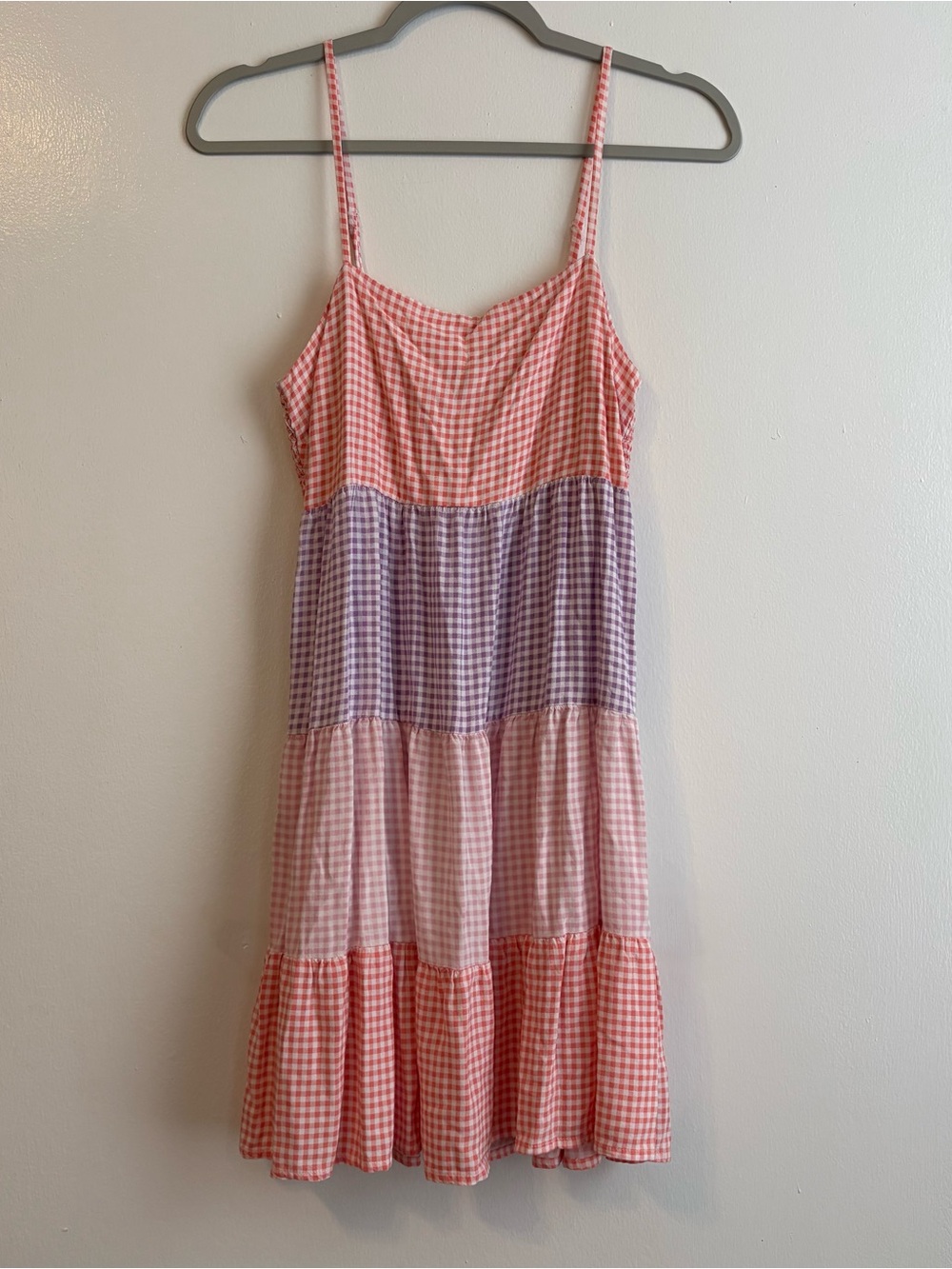 Gingham Tiered Spaghetti Strap Dress Girls Large - Pink & Lavender